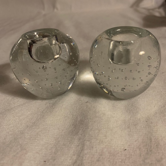 Hand Blown Art Glass Taper Candle Holder Controlled Bubble Bullicante Clear Pair - Picture 4 of 6